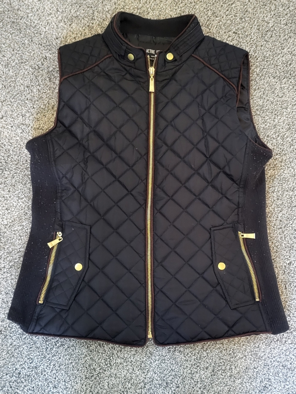 Active USA Quilted Black Sleeveless Vest with Gold Zippers